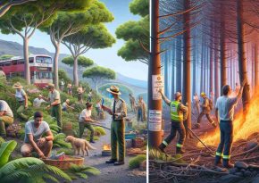 A highly detailed and realistic image that conveys the importance of preventing forest fires in Tenerife. The scene could include local citizens of diverse descents such as Caucasian, Hispanic, and South-Asian, both male and female, working together. They could be seen engaging in various preventive measures like putting up awareness posters on trees, clearing dried leaves, and discussing fire safety steps. One part of the image might show a healthy and flourishing forest while another part could demonstrate the devastating effects of a fire.