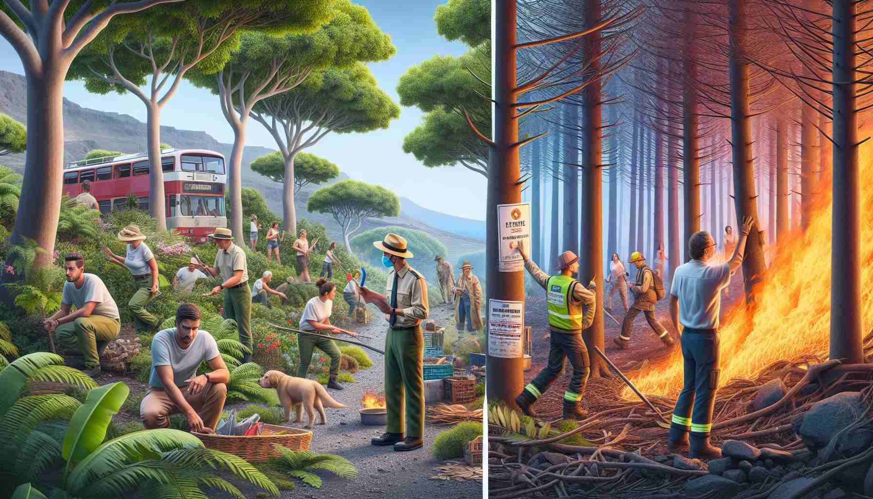 A highly detailed and realistic image that conveys the importance of preventing forest fires in Tenerife. The scene could include local citizens of diverse descents such as Caucasian, Hispanic, and South-Asian, both male and female, working together. They could be seen engaging in various preventive measures like putting up awareness posters on trees, clearing dried leaves, and discussing fire safety steps. One part of the image might show a healthy and flourishing forest while another part could demonstrate the devastating effects of a fire.