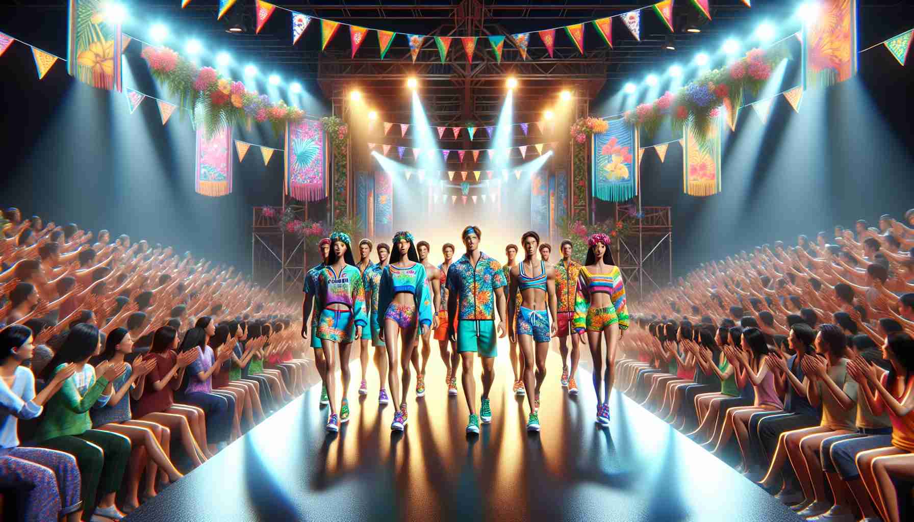 Create a hyper-realistic, high-definition image of a lively ceremony revealing island-inspired sports gear. The island theme is reflected in the designs, with vibrant colors, tropical prints, and lightweight materials. The ceremony is adorned with colorful decorations, and the crowd cheers excitedly as models of various descents and genders strut down the runway, showcasing the gear. Spotlights shine brightly on the models and the gear, highlighting the intricate details and enthusiastic atmosphere.