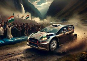 An HD photograph capturing an exhilarating moment for a rally racing club. It showcases a rally car with grimy-covered tires, splashes of mud cascading into the air. The vehicle's driver, a tenacious South Asian woman, and her navigator, a focused Middle-Eastern man, share a look of fierce determination. The anticipation is palpable, fans in the background, of different descents and genders, their flags of support creating a colourful blur. The distant track twists around a craggy landscape, hinting of the thrilling developments to come. The scene captures the essence of high-stakes, adventure-filled rally racing.