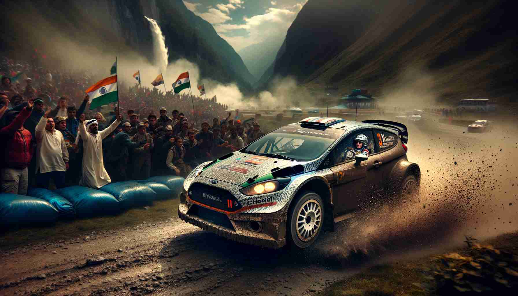 An HD photograph capturing an exhilarating moment for a rally racing club. It showcases a rally car with grimy-covered tires, splashes of mud cascading into the air. The vehicle's driver, a tenacious South Asian woman, and her navigator, a focused Middle-Eastern man, share a look of fierce determination. The anticipation is palpable, fans in the background, of different descents and genders, their flags of support creating a colourful blur. The distant track twists around a craggy landscape, hinting of the thrilling developments to come. The scene captures the essence of high-stakes, adventure-filled rally racing.