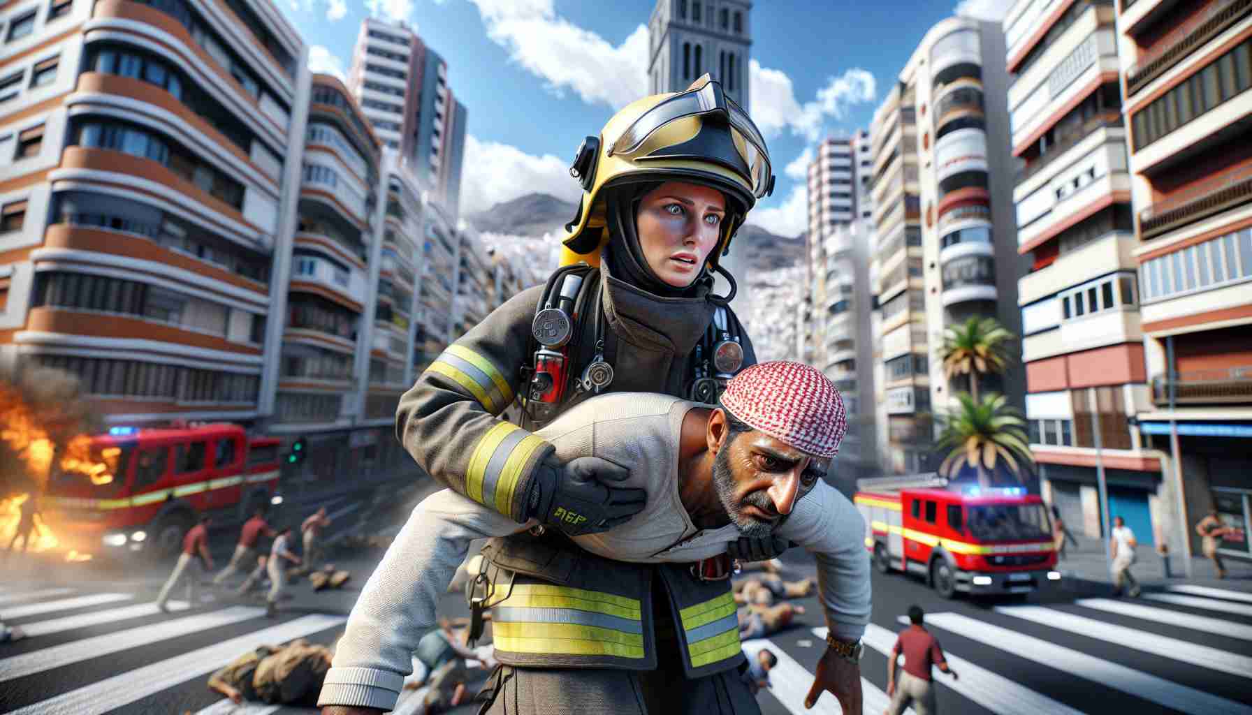 Render a hyper-realistic HD image depicting a heroic rescue scene. Show a Caucasian female firefighter, garbed in all the necessary safety equipment, carrying out a brave rescue mission. She is in the process of saving a Middle-Eastern man who is clearly distressed. The location is a typical city street with tall buildings and busy traffic. The cityscape resembles Adeje, a Canarian town known for its unique architectural style and close-knit buildings. Emphasize the danger of the situation and the heroic determination of the firefighter.