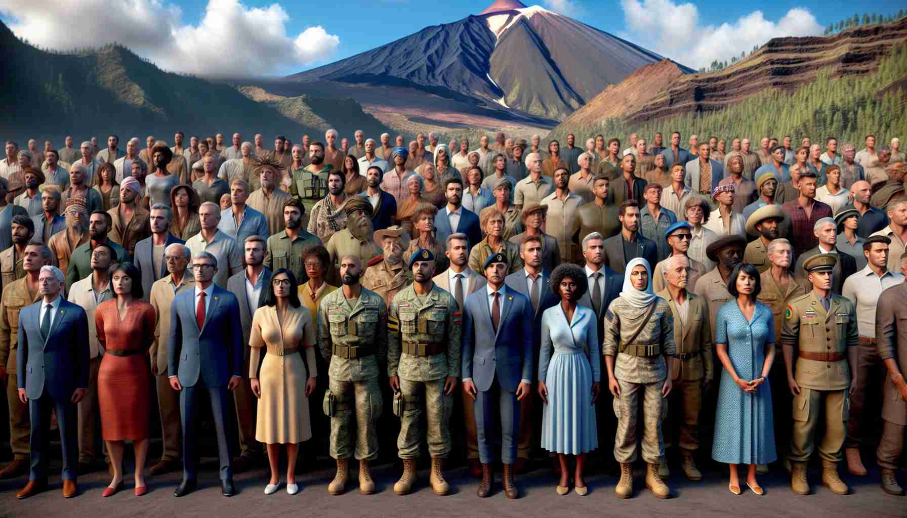 A detailed, lifelike rendering in high-definition of newly recognized heroes standing in a solemn ceremony on the volcanic island of Tenerife. Their hallowed triumph is evident in their stances and expressions. Each representative radiates resilience and vigor. They form a diverse group: a middle-eastern woman in her cultural attire, an incredibly tall South Asian man in a suit, a black man in millitary uniform looking resolute, and a Hispanic woman in casual attire with a captivating smile, among others. The island's beautiful natural features, such as its verdant forests, blue skies, and the Teide volcano, form the backdrop for this significant event.