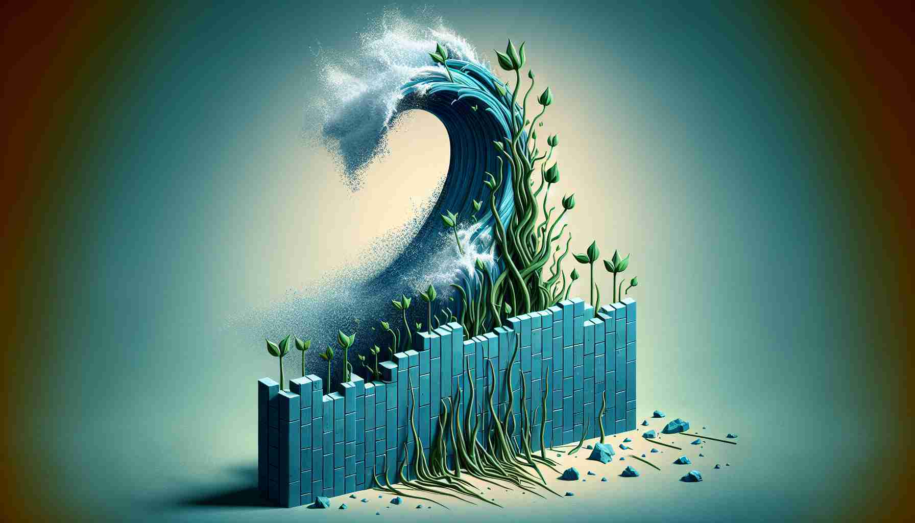 Generate a high-definition image that creatively represents the phrase 'The Unstoppable Rise of New Defensive Talents'. Display the concept abstractly, perhaps as a towering wave symbolizing their unstoppable rise, crashing against a wall to represent the defence, with new sprouts or plants breaking through the wall to signify new talents. Please ensure all elements are portrayed in a realistic manner.