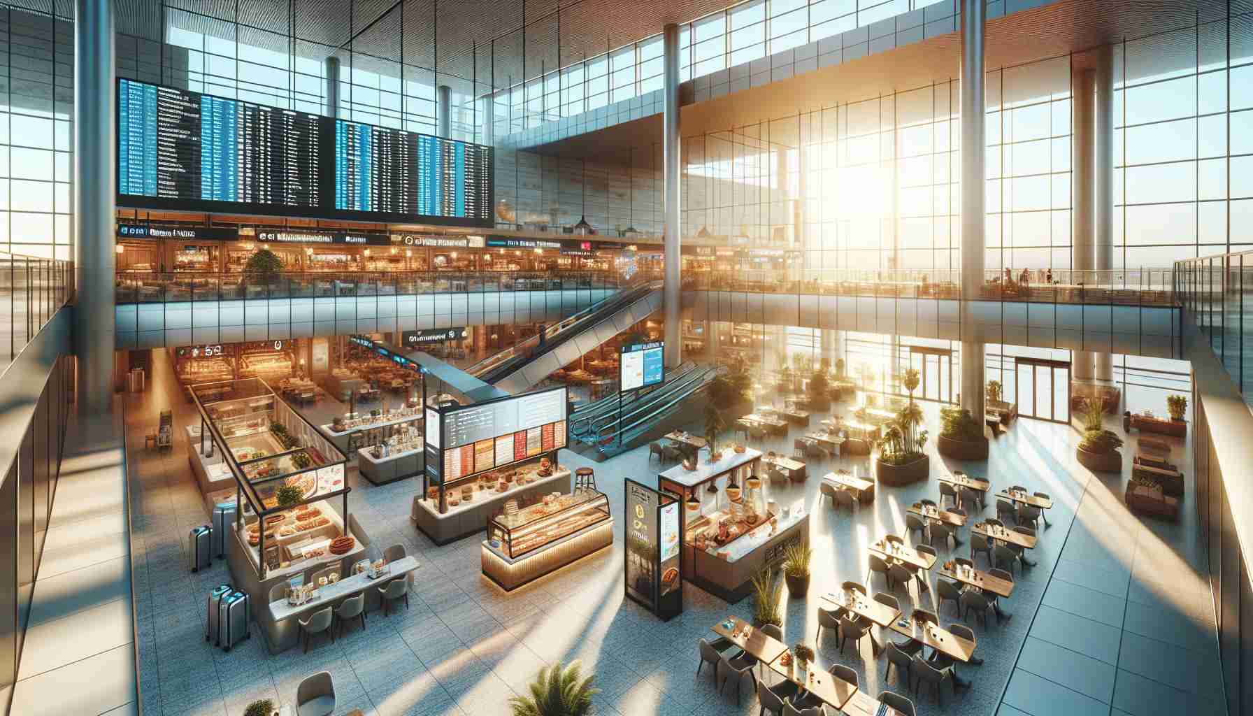 Create a high-definition, realistic image of a modern airport terminal. Inside the terminal, there are new dining options that enhance the travel experience. Focus on the interior design that showcases a blend of sleek, contemporary aesthetics and comfortable layouts. Included in the scene are various food stalls and restaurants, ranging from local cuisine to international favorites. To signify it's an airport setting, include elements like flight information displays, luggage trolleys, and signage. Located in a sunny region, sun rays filter through the large glass windows, illuminating the space and creating a warm, welcoming environment.