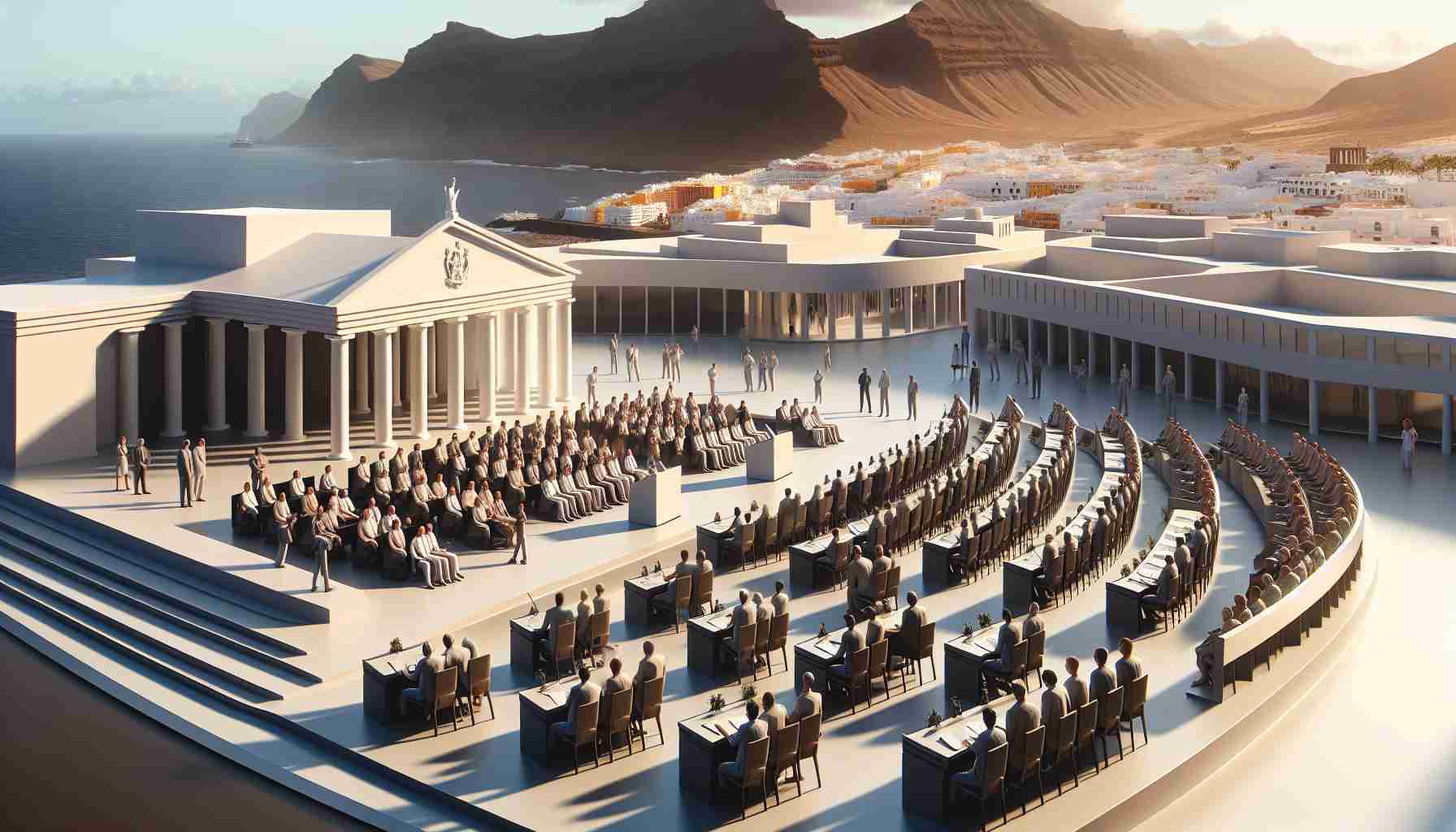 A high-definition, realistic illustration depicting the embodiment of a progressive cause. The focus is on an abstract representation of immigration reform. It captures the essence of a passionate public debate with a diverse representation of people involved in the discussion. The setting is a symbolically important location in the Canary Islands, with recognizable architectural and natural elements in the background. Note: No specific political party or politicians are visually represented in this scene; the subject matter is solely focused on the issue of immigration reform.