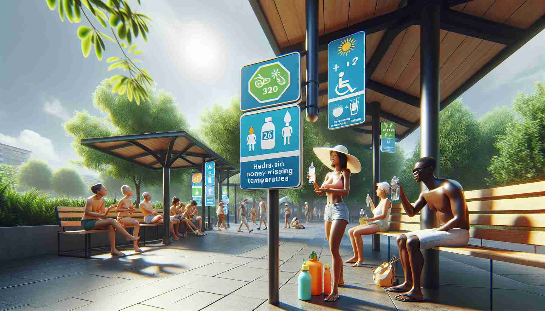 A high-definition, realistic scene depicting various summer safety measures taken to combat rising temperatures. The image should contain public signs displaying the need for hydration, sun shelters with people resting underneath, and an Asian woman applying sunscreen. You might also include an African man wearing a wide-brimmed hat, and a Hispanic child drinking water from a reusable bottle. The environment is urban, with people walking back and forth to cool shelters, and trees that offer natural shade. The day is bright, indicating the intense heat of peak summer.