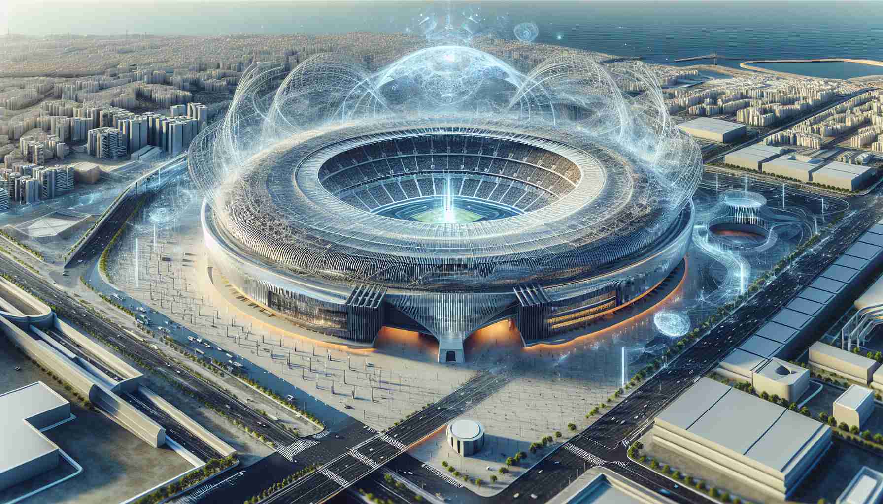 Generate a detailed high-definition image of an iconic arena located in Tenerife, with a new vision. Imagine a futuristic design characterized by advancements in engineering and architecture.