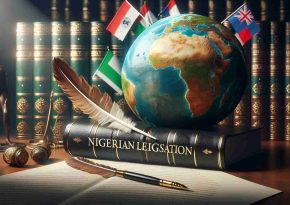 A photorealistic and high-definition image that conceptually represents the influence of international law on Nigerian legislation. This could include a picture of classic leather-bound law books with a globe featuring Africa and specifically Nigeria prominently. Maybe nearby on a desk there could be a feathered quill, signifying tradition, placed over a document labeled 'Nigerian Legislation', with light traces of various international flags in the background, symbolizing the global influences.