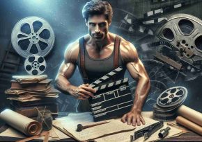 An HD photorealistic image of a charismatic, athletic and talented actor exploring new avenues in cinematic pursuits. He is seen surrounded by the elements of filmmaking, with a clapperboard in his hand, scripts scattered around, and a vintage film reel. The actor's determined and focused expression indicates his wholehearted commitment to and passion for his craft.