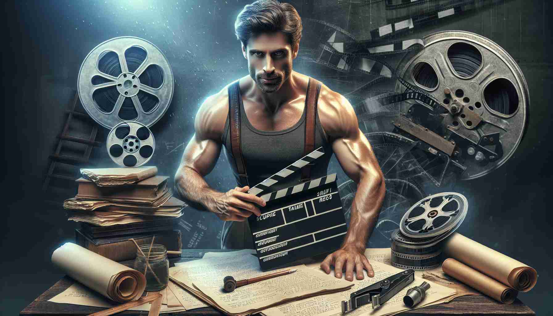 An HD photorealistic image of a charismatic, athletic and talented actor exploring new avenues in cinematic pursuits. He is seen surrounded by the elements of filmmaking, with a clapperboard in his hand, scripts scattered around, and a vintage film reel. The actor's determined and focused expression indicates his wholehearted commitment to and passion for his craft.