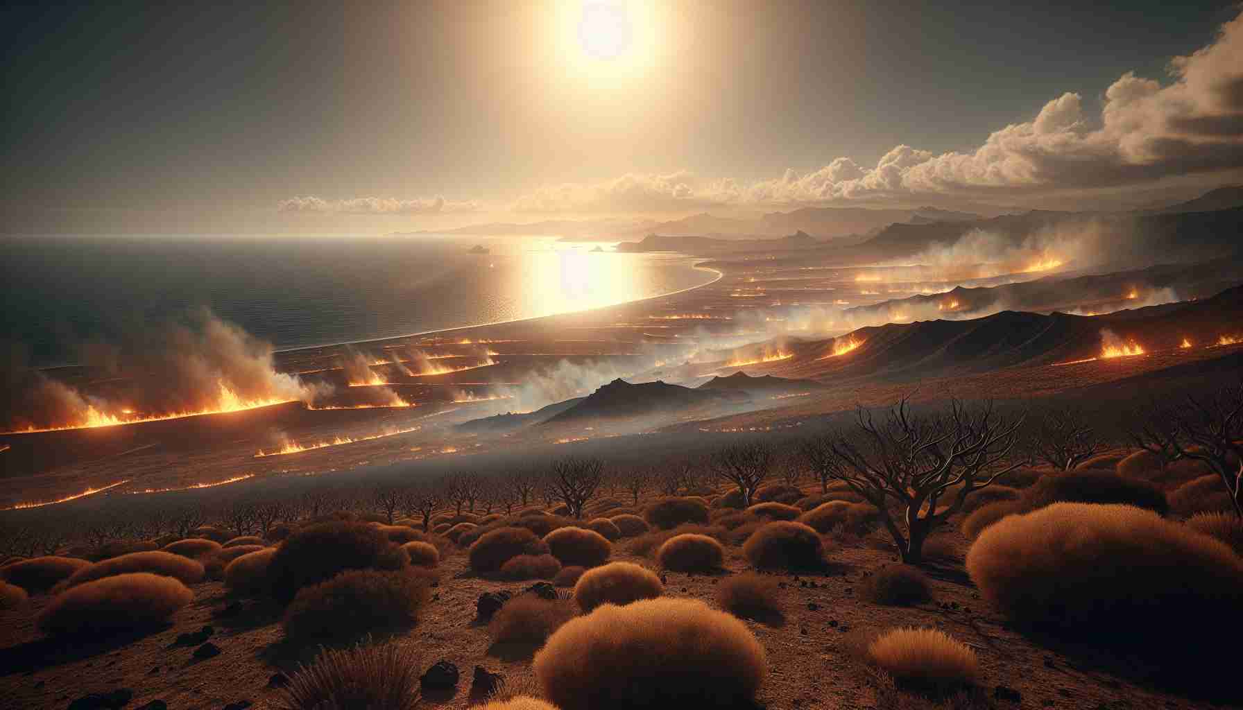 High resolution realistic image showing an intense heatwave striking the Canary Islands, causing an alert for potential wildfires. The scene features a bright, scorching sun casting harsh light down on the parched land, the vegetation wilting and turning a crispy brown under the ferocious heat. Sweeping views of the Atlantic Ocean contrast the blazing land, their placid blue waters seeming to boil under the relentless sunlight. In the horizon, smoky tendrils begin to rise hinting at the advent of wildfires. The intensity of the threat is palpable as the atmosphere thickens with rising heat and suspense.