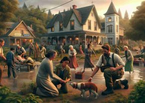 Generate a highly detailed, realistic image in an HD format that illustrates a touching rescue operation taking place in a small, quaint town. The scene can depict a diverse group of individuals partaking in the rescue mission, including a middle-aged Caucasian woman, a young South Asian man, and a Hispanic child among others. They could be assisting animals or people in a variety of different ways. The small town might have charming houses, lush green trees, and a vintage-like feel to enhance the heartwarming essence of the scenario.