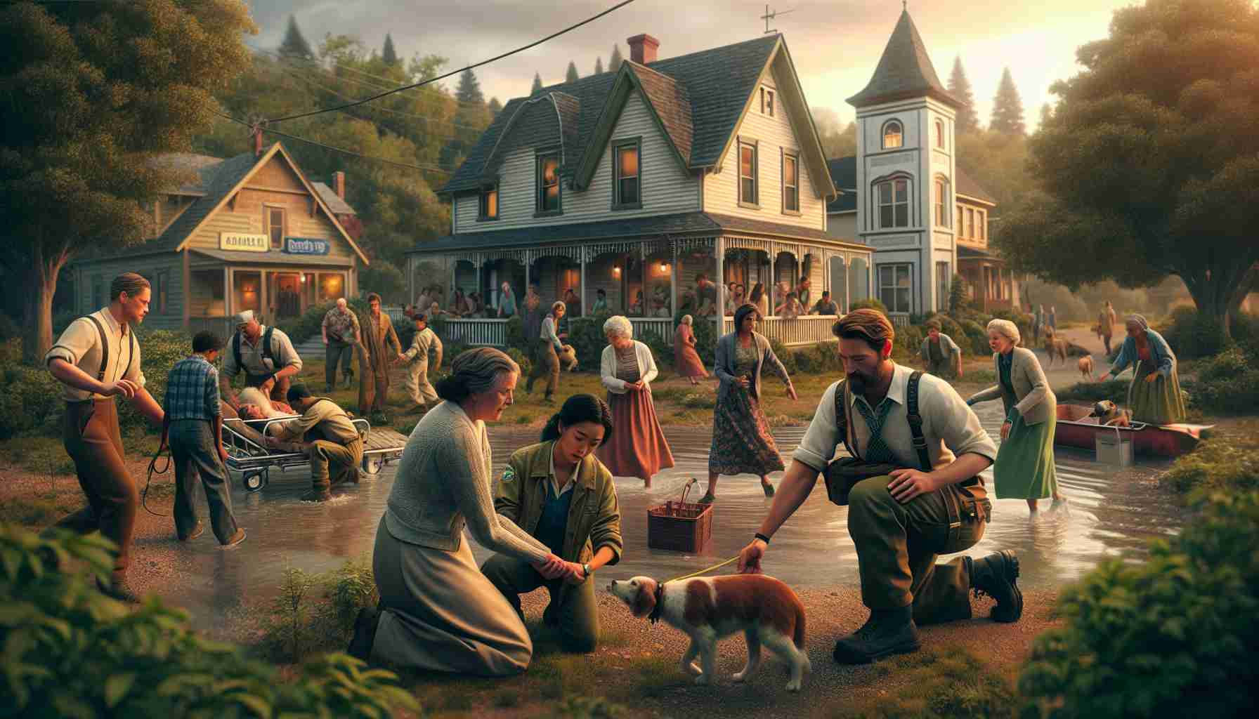 Generate a highly detailed, realistic image in an HD format that illustrates a touching rescue operation taking place in a small, quaint town. The scene can depict a diverse group of individuals partaking in the rescue mission, including a middle-aged Caucasian woman, a young South Asian man, and a Hispanic child among others. They could be assisting animals or people in a variety of different ways. The small town might have charming houses, lush green trees, and a vintage-like feel to enhance the heartwarming essence of the scenario.