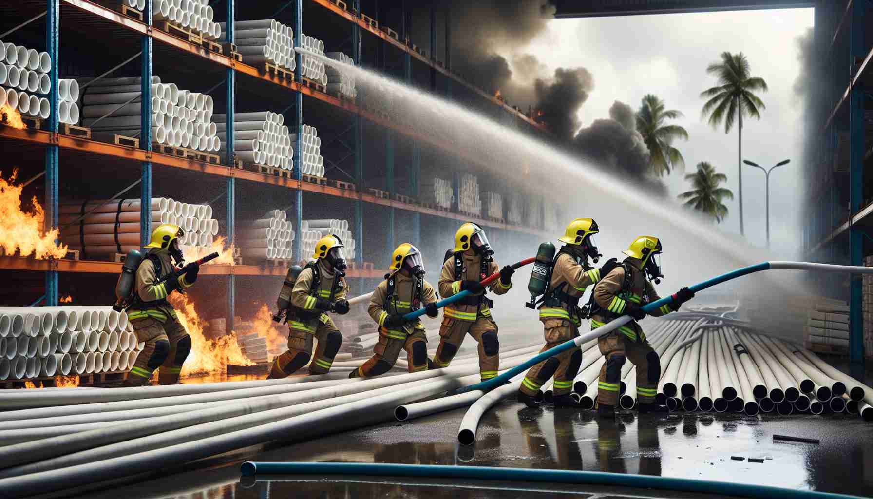 High-resolution photo realistically capturing the scene of South Asian and Caucasian male and female firefighters swiftly combating a fire at a warehouse filled with PVC materials in Santa Cruz de Tenerife. The brave firefighters, equipped with protective gear and advanced fire extinguishers, are actively working together to control the blazing flames. The warehouse environment showcases stacks of PVC pipes, and visible in the background are palm trees suggesting a tropical, island location. Smoke is rising, yet being contained by the firefighters’ quick and expert actions.