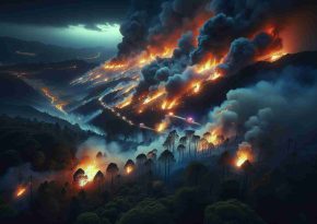 High-definition, highly detailed and lifelike image of an outburst of vegetation blaze in Tenerife, causing quick response from the local authorities. The image shows rampant flames engulfing a swath of lush greenery, casting an ominous glow against the night sky. Dense smoke is rising and drifting away, creating a stark contrast with the bright, burning flames underneath. In the distance, response vehicles with flashing lights can be seen speeding towards the scene, illuminating the otherwise dark surroundings. The scene conveys a sense of urgency and the fight of humanity against the destructive forces of nature.