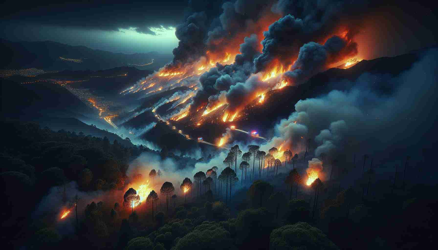 High-definition, highly detailed and lifelike image of an outburst of vegetation blaze in Tenerife, causing quick response from the local authorities. The image shows rampant flames engulfing a swath of lush greenery, casting an ominous glow against the night sky. Dense smoke is rising and drifting away, creating a stark contrast with the bright, burning flames underneath. In the distance, response vehicles with flashing lights can be seen speeding towards the scene, illuminating the otherwise dark surroundings. The scene conveys a sense of urgency and the fight of humanity against the destructive forces of nature.