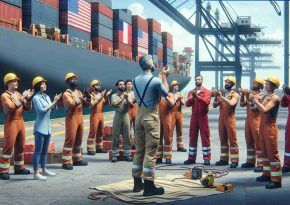 Create a high-definition, realistic image showing a scene of honor and recognition for heroic acts. In this scene, a diverse group of dock workers are seen applauding a group of their colleagues, specifically, a Black female dock worker, a Hispanic male dock worker, and a Middle-Eastern male dock worker, who have performed heroic deeds. This scene is set in a busy port area, decorated with maritime symbols, as shipping containers, cranes, and ships can be seen in the background.