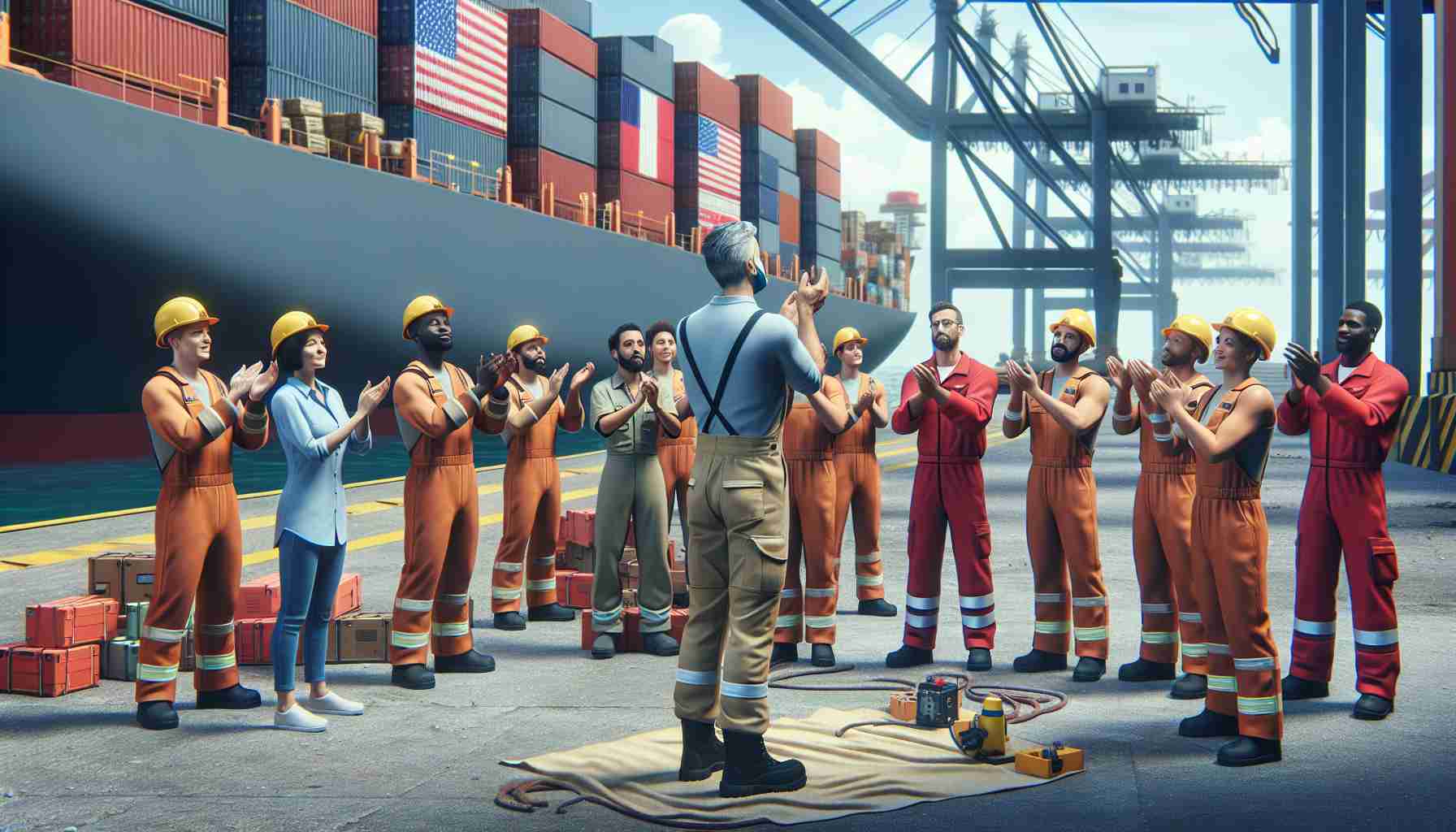 Create a high-definition, realistic image showing a scene of honor and recognition for heroic acts. In this scene, a diverse group of dock workers are seen applauding a group of their colleagues, specifically, a Black female dock worker, a Hispanic male dock worker, and a Middle-Eastern male dock worker, who have performed heroic deeds. This scene is set in a busy port area, decorated with maritime symbols, as shipping containers, cranes, and ships can be seen in the background.