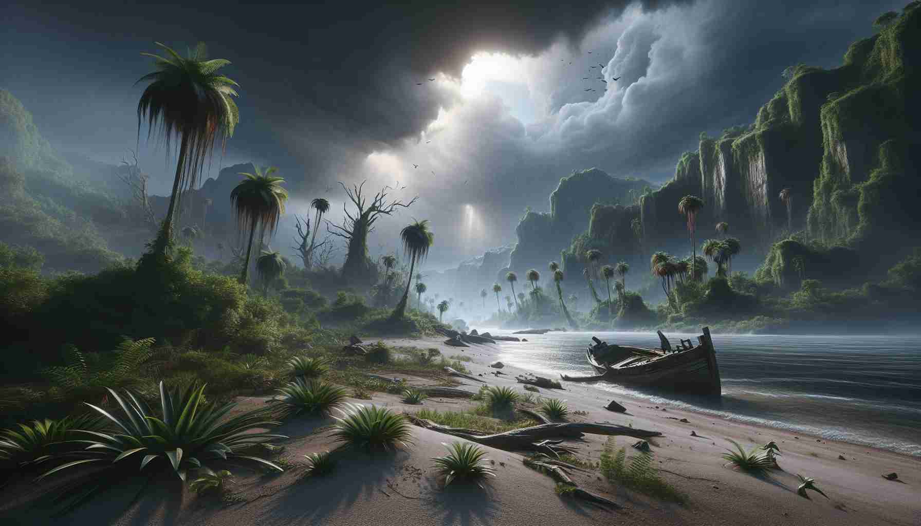 Realistic, high-definition image of a tragic journey unfolding on a mystical, uncharted island. The scene portrays harsh weather conditions with an imposing dark sky, intensified by thunderstorm clouds. There is a shipwrecked boat on the sandy coastline, giving a hint of the unfortunate events. The flora is dense, varied, and unusual, with peculiar plants unknown to everyday knowledge. The scenery conveys a sense of sorrow and mystery while also capturing the untouched beauty of the alien island.