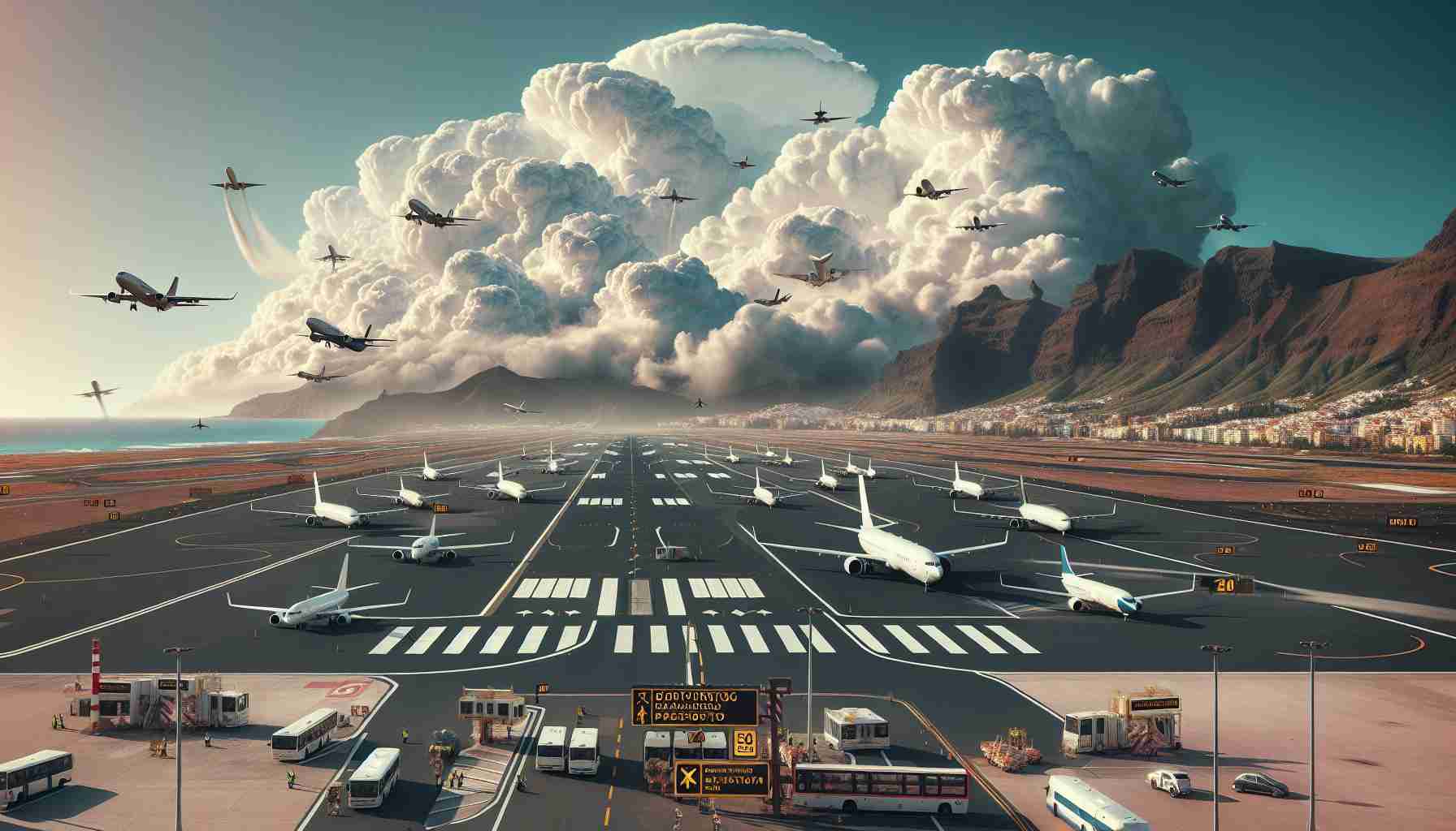 Create a high-definition, realistic image of an airport in Tenerife depicting multiple flights being diverted due to unexpected weather conditions. Visualize the scene with intense cloud formations, indicating a severe weather change. The runways are busy with aircrafts preparing for unexpected landings. Almost all the planes are in different stages of landing or taking off, signaling an air of urgency. Alongside, airport ground staff can be seen, some coordinating the hectic re-routing of planes, while others assist passengers towards airport shuttles. Proper signage showing diversion and re-routing should be evident in the scene.