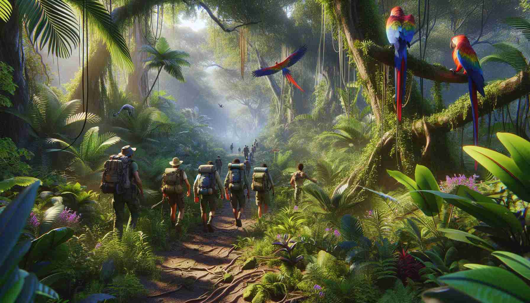 Render a high-definition, realistic image of a tropical adventure. Imagine a lush, vibrant jungle with rich green foliage and diverse plant life. In the centre of the image, capture a group of multi-ethnic male and female adventurers trekking through the undergrowth, guided by a native person. Include a fleeting glimpse of wildlife, like a colorful parrot or a nimble monkey in the trees. Integrate elements of adventure like backpacks, hats, binoculars carried by the explorers. Ensure the sunlight is filtering through the leafy canopy, casting dappled shadows and creating a warm ambiance.