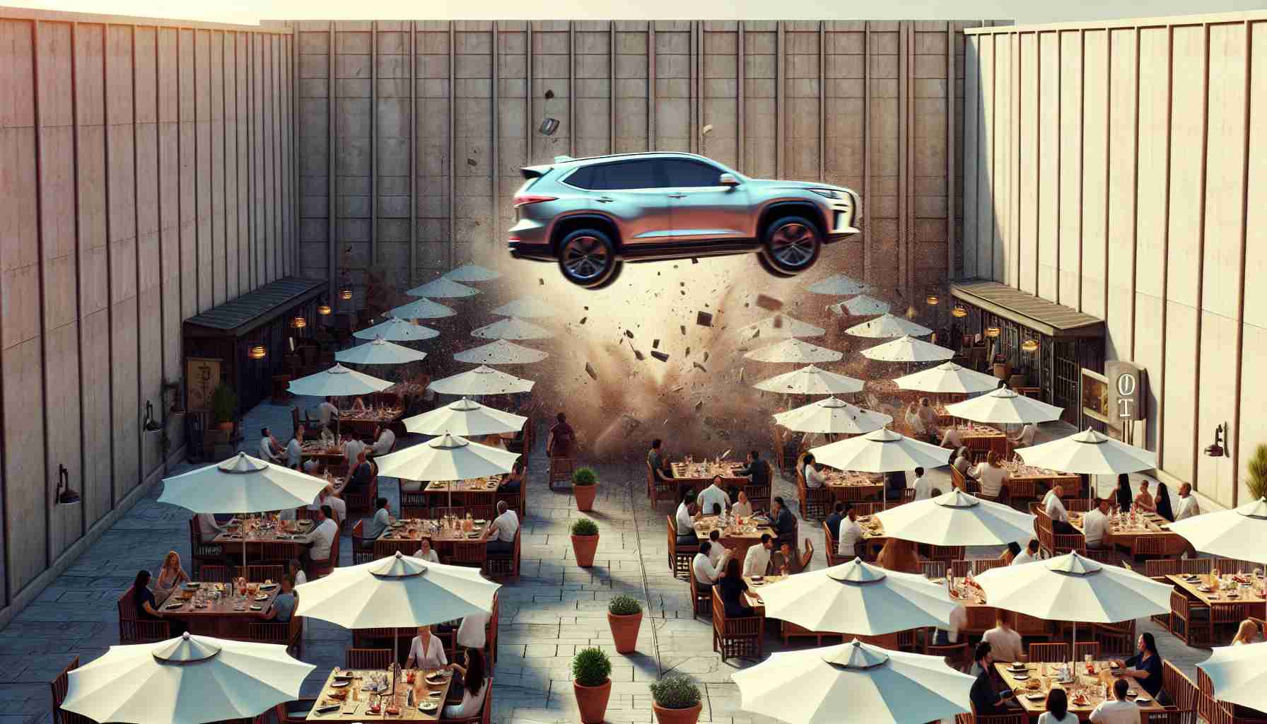 Coche salta sobre la pared y aterriza en la terraza de un restaurante