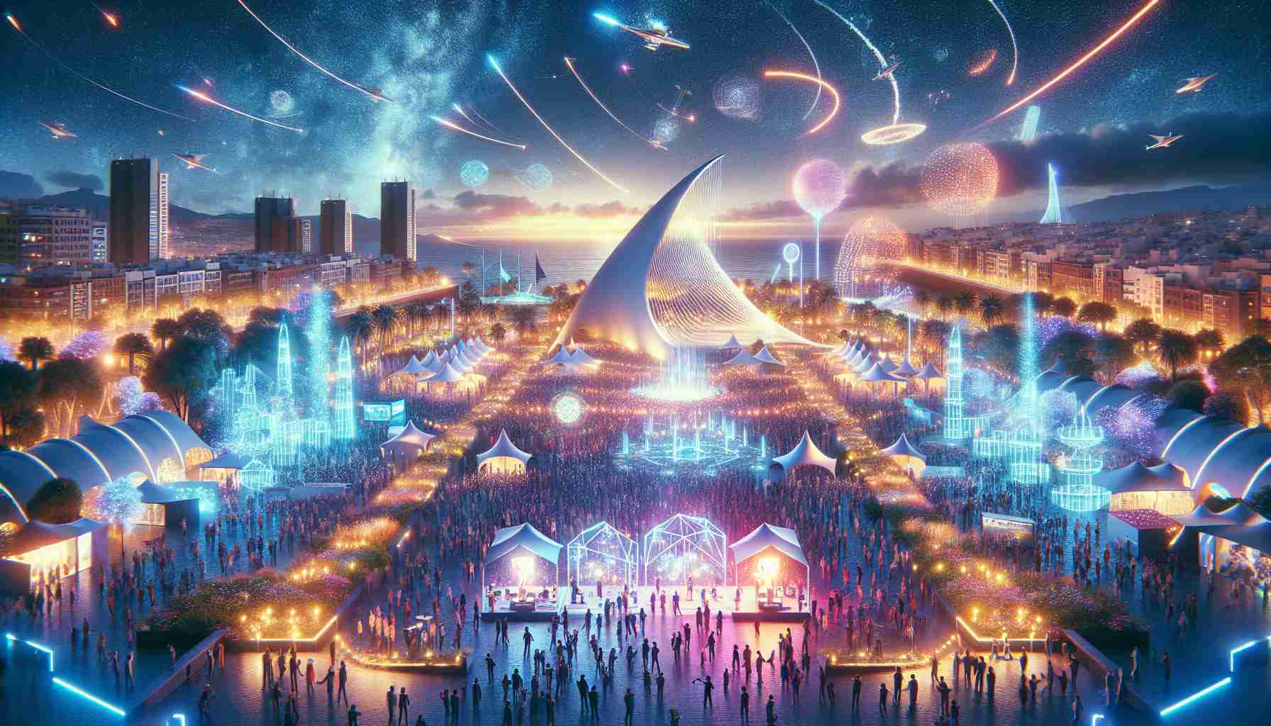 A realism-oriented high-definition image showcasing the event 'TLP Tenerife 2025'. The image should capture the essence of this event that celebrates creativity and innovation. It could illustrate a vibrant festival atmosphere filled with dazzling light installations, exquisitely designed pavilions and crowd excitingly engaging in various fascinating activities. Intricate technology displays, innovative art installations, and individuals exploring their 'creative edge', should be key elements of the scene. The backdrop could be the cityscape of Tenerife with its distinctive architectural features and natural scenery.