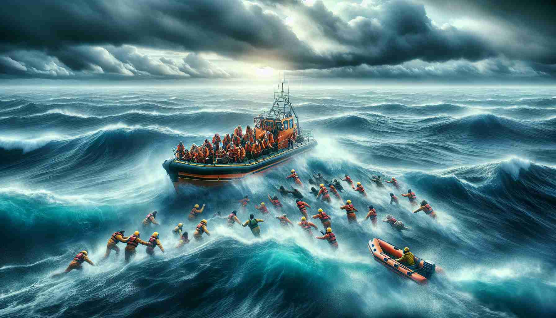 High-definition, realistic portrayal of a dramatic ocean rescue operation. Display a breathtaking scene of the vast azure sea under an overcast sky. Show several diverse, brave rescuers onboard a large, orange lifeboat, engaged in a courageous mission to save multiple frightened individuals of different descents and genders from the threatening clutches of the choppy ocean waves. Subtly evidence heartening moments of humanity and bravery in this highly tense situation.