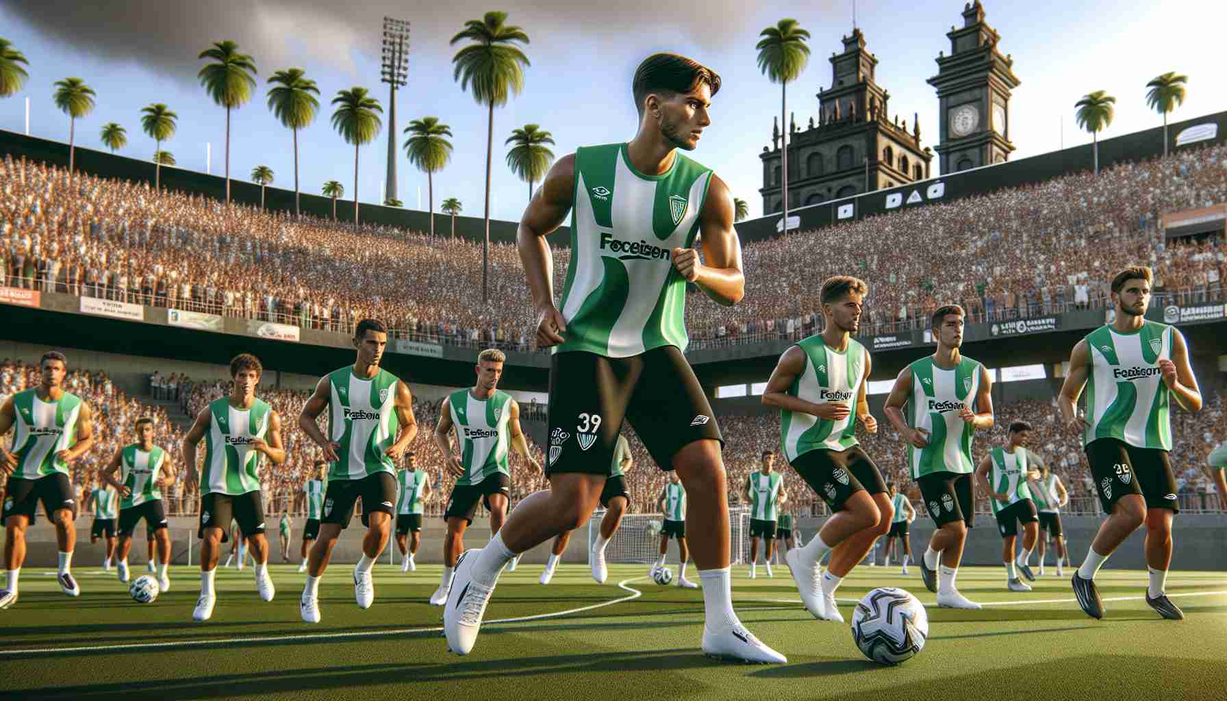 Generate a realistic and detailed HD image from a scene at an open training session of a popular football club that is located in a subtropical region, similar in climate to Tenerife. The session should be outside under a bright sun with distinctive palm trees in the background. The players are of various descents and should be seen in action, practicing different drills while wearing green and white uniforms, the club's colors. In the background, a mixed-gender crowd of fans of all descents watch excitedly from the sidelines, showing their support.