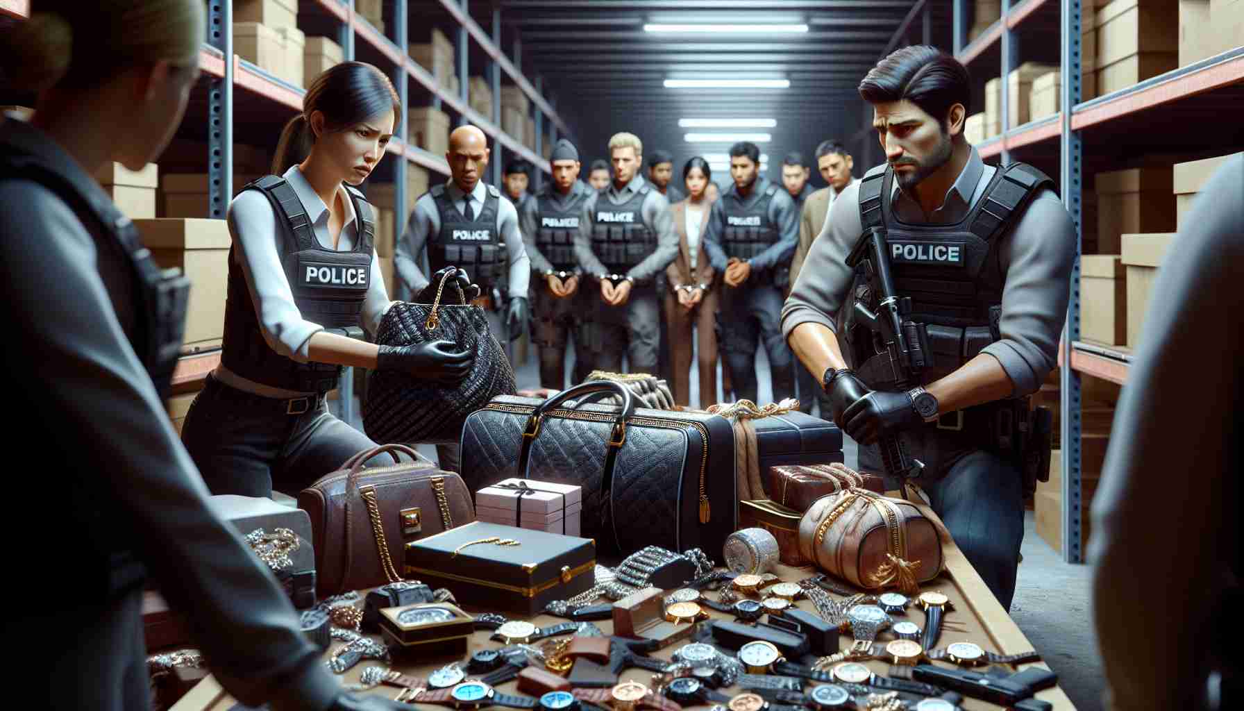 An HD, realistic depiction showing law enforcement agents conducting a crackdown on black market luxury goods. The scene is set in an underground storage facility filled with counterfeit items such as watches, handbags, and clothing. The officers, a Caucasian woman and a South Asian man, are examining the goods, showing expressions of determination. In the background, some suspects, of different descents and genders, are being handcuffed by other diverse officers.