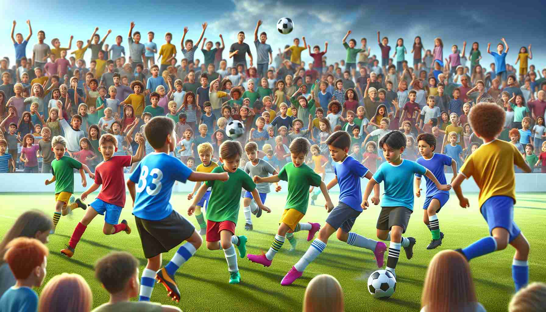 Create a realistic, high-definition image showcasing a youth soccer tournament. The image should be vibrant and energetic, capturing the excitement and delightful chaos of the tournament. There should be a crowd gathered on the sidelines, cheering for the young players. Boys and girls from a variety of descents such as Caucasian, Black, South Asian, etc., should be seen participating, eager and bustling on the field. The children should be wearing bright colored jerseys, kicking soccer balls across a lush green field. Kicking of soccer ball, players tackling and sharp movements could serve to capture the display of rising talent.