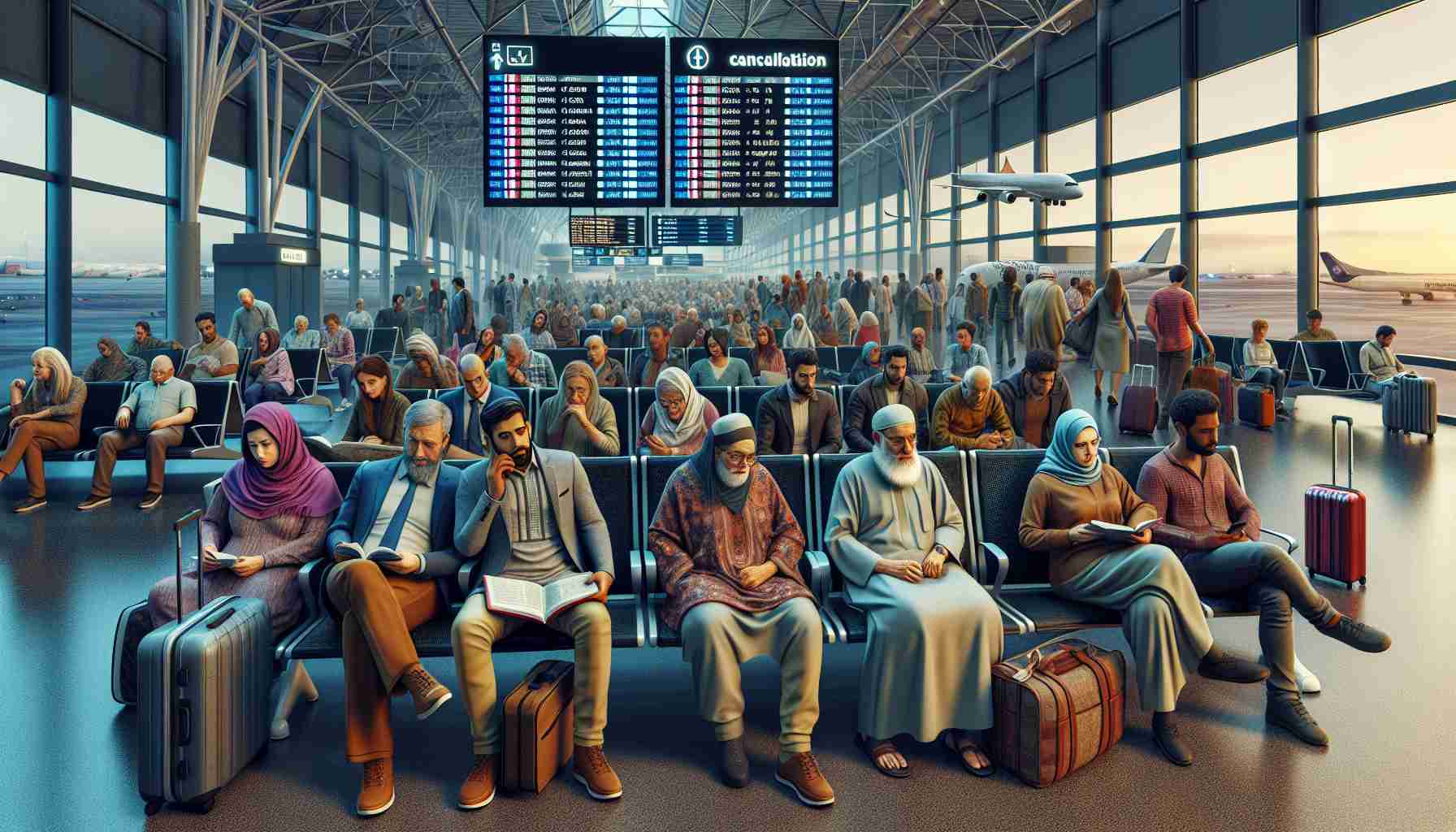 Detailed and high-definition visual representation of a diverse group of passengers stranded at an airport due to a flight cancellation. The setting is in the evening and the atmosphere reflects a mix of fatigue and frustration. The airport is filled with a crowd of several South Asian men reading, Middle-Eastern women conversing, Caucasian elderly couples looking at the flight schedules while sitting, and Black young adults sitting on their luggage, people with different reactions to the cancellation. A flight information display is in the background showing a cancellation status.