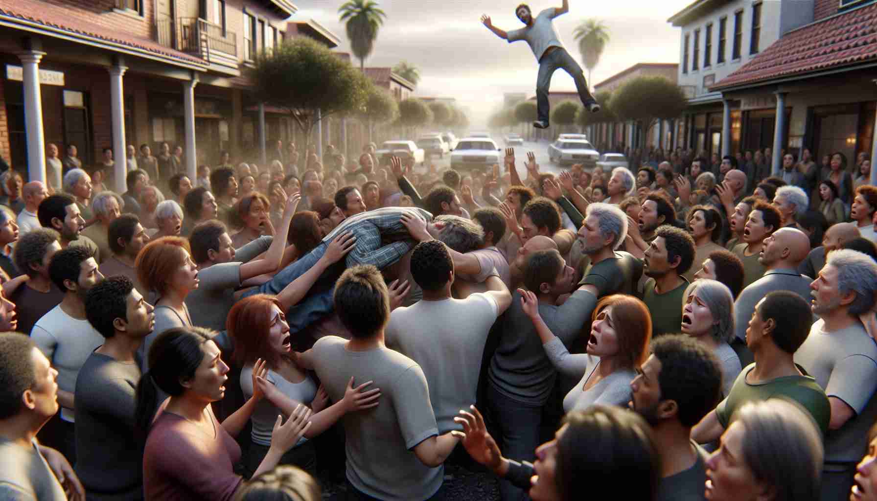 A High Definition realistic rendering of a tragic scene in a town called Los Realejos. A crowd of people of various genders and descents, including Caucasians, Hispanics, Blacks, Middle-Easterners, and South Asians, express shock and grief. The focus is not on the man but rather on the emotional response of the crowd to the tragedy. Highlight the element of surprise, sadness and despair to capture the intense and solemn atmosphere. Please, exclude the actual fall or any explicit detail in respect of the tragic event.