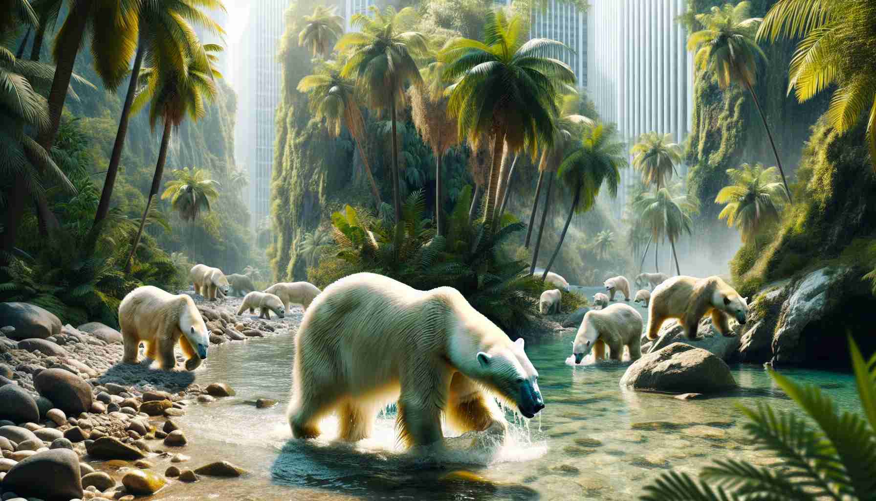 Generate a high-definition, realistic image of polar bears spotted in an unexpected habitat. The bears could be navigating through a lush jungle, trekking across a hot desert, or even exploring a bustling city. Showcase the astonishing scene of these arctic creatures adapting to environments far outside their typical icy domain.