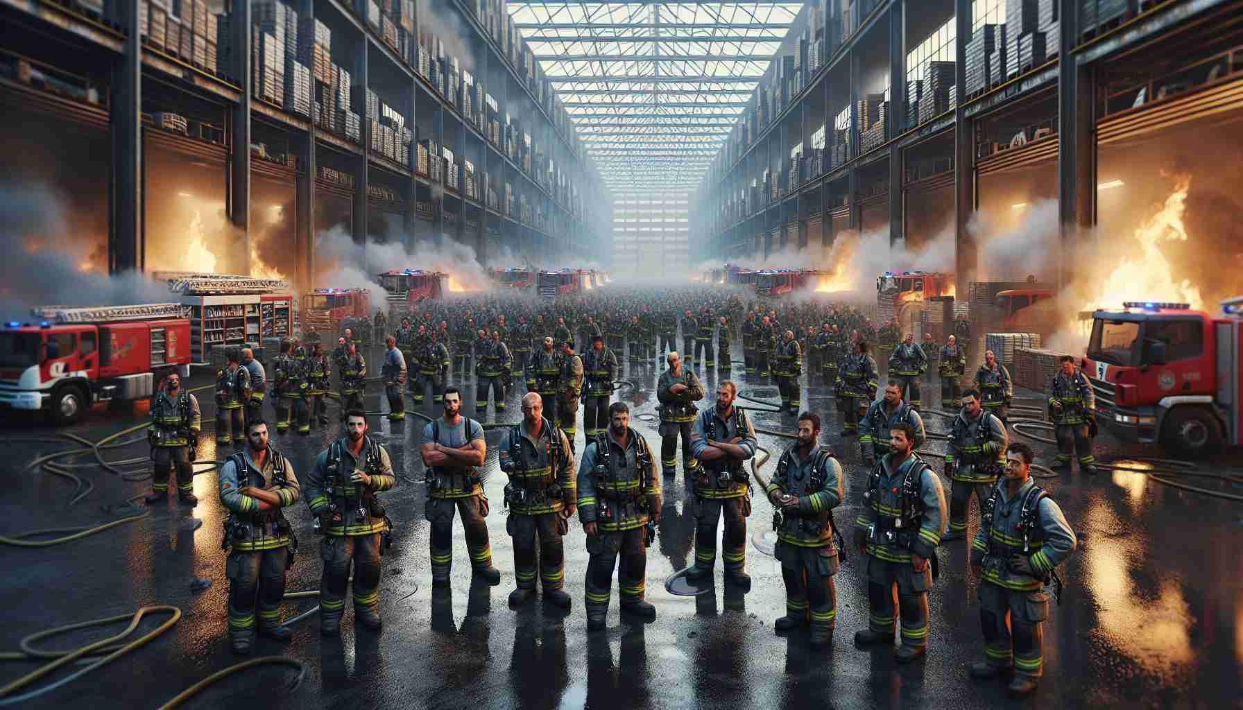 Create a high-resolution, realistic image of a group of firefighters in Tenerife, including a seething assortment of people with various descents such as Hispanic, Middle-Eastern, and Caucasian. The scene is an industrial warehouse area, where the fire has just been successfully extinguished. There's a sense of relief and accomplishment among the firefighters as they inspect their work, with the warehouse appearing wet and smoky in the aftermath, and their state-of-the-art firefighting equipment gleaming in the fading light.