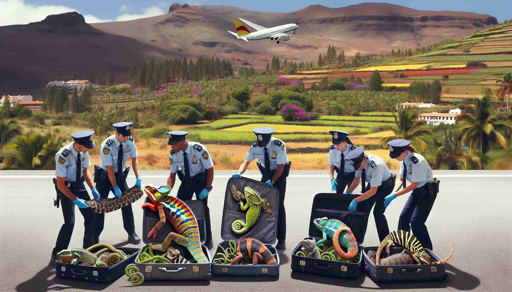 Create a realistic high definition image of an incident where the illegal transportation of exotic reptiles is revealed. Frame this scene in the lush landscapes of Tenerife, showcasing various species including colorful chameleons, snakes, and lizards hidden inside luggage. Law enforcement officers, evenly composed of male and female of different descents such as Hispanic, White and Black, can be seen discovering the clandestine operation.