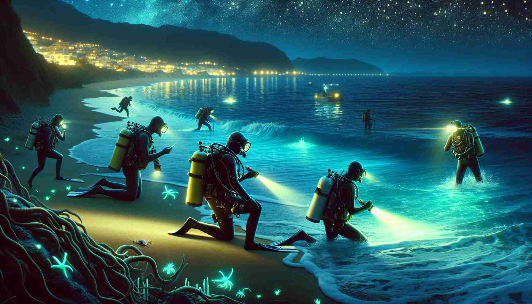 Generate a highly detailed, realistic image of nocturnal marine life exploration at a beach similar to Las Teresitas. Depict the shoreline illuminated under the sparkling moonlight with the dark waters gently lapping against the sandy shore. Include some figures engaging in sea exploration, such as a well-equipped Caucasian male deep-sea diver making his way through the inky depths, and a South Asian female marine biologist, in her research gear, examining an interesting specimen with a flashlight. The image sees spontaneous flashes of bioluminescent creatures in the ocean, adding to the magical touch of the scene.