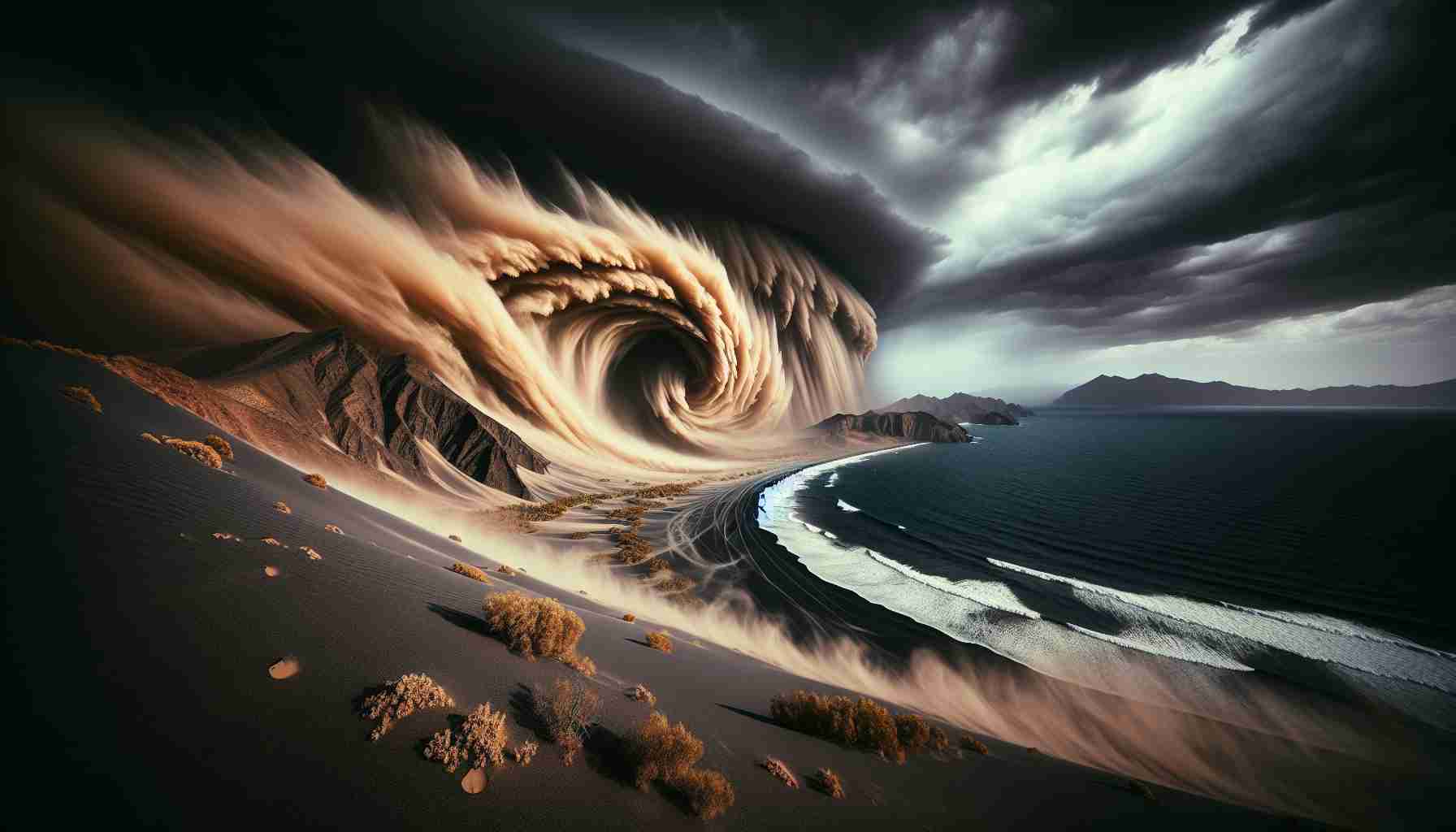 Create a high-definition, realistic image of an unexpected sandstorm sweeping in at the Masca Coast. This abrupt natural phenomenon drastically changes the atmosphere, transforming the normally tranquil coastal scenery into a captivating, awe-inspiring spectacle. Show swirling sands engulfing the landscape while the ocean rages in the background, and the horizon darkens under the weight of the incoming storm.