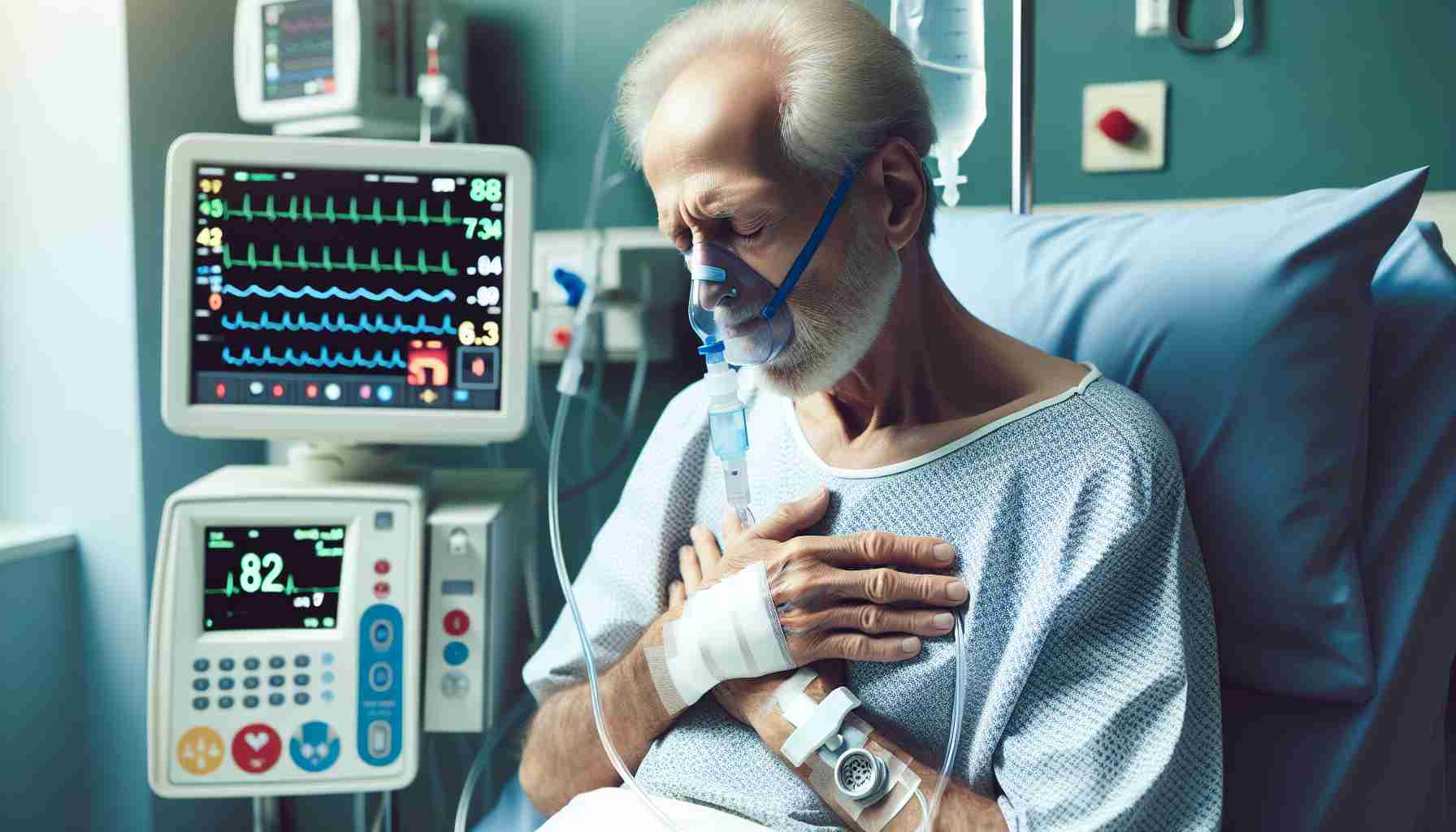 Generate a high-definition, realistic image of an elderly Caucasian man in a hospital setting. He appears weak but stable, suggesting a recent near-drowning incident. Medical equipment such as an oxygen mask, heart monitor, and IV stand should be visible, indicating intensive care. Focus on conveying the emotional intensity of the situation, with elements showing care, concern, and the fragility of human life.