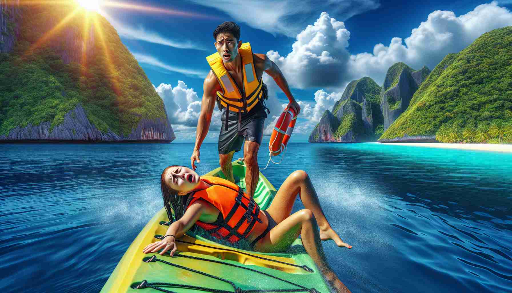 A vivid HD image shows a dramatic scene on a picturesque tropical island. In the foreground, a Caucasian female tourist clad in a bright life jacket clings to her overturned kayak, her face a mixture of relief and shock. In the background, a South Asian male lifeguard, fit and alert, is rushing towards her, a rescue buoy in his strong grasp. Nudging the horizon are lush green island hills and the azure expanse of the sea. The striking sunlight glistens off the water, enhancing the thrilling atmosphere of this water sports mishap.