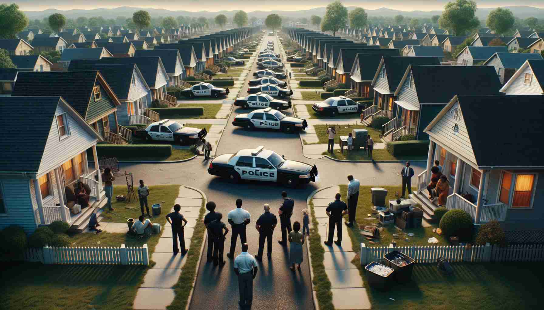 An immersive high definition depiction of a suspenseful scene taking place in an otherwise quiet and serene neighborhood. Houses lined neatly in rows, the peaceful ambiance starkly juxtaposed with police cruisers parked haphazardly along the neat lawns. The neighborhood inhabitants, a mix of Caucasian, Black, Hispanic, Middle-Eastern and South Asian people, look on curiously from behind slightly parted curtains or their front porches, an array of expressions from concern to intrigue visible, as the police detectives, one a white female and the other a Black male, meticulously gather evidence at the crime scene.