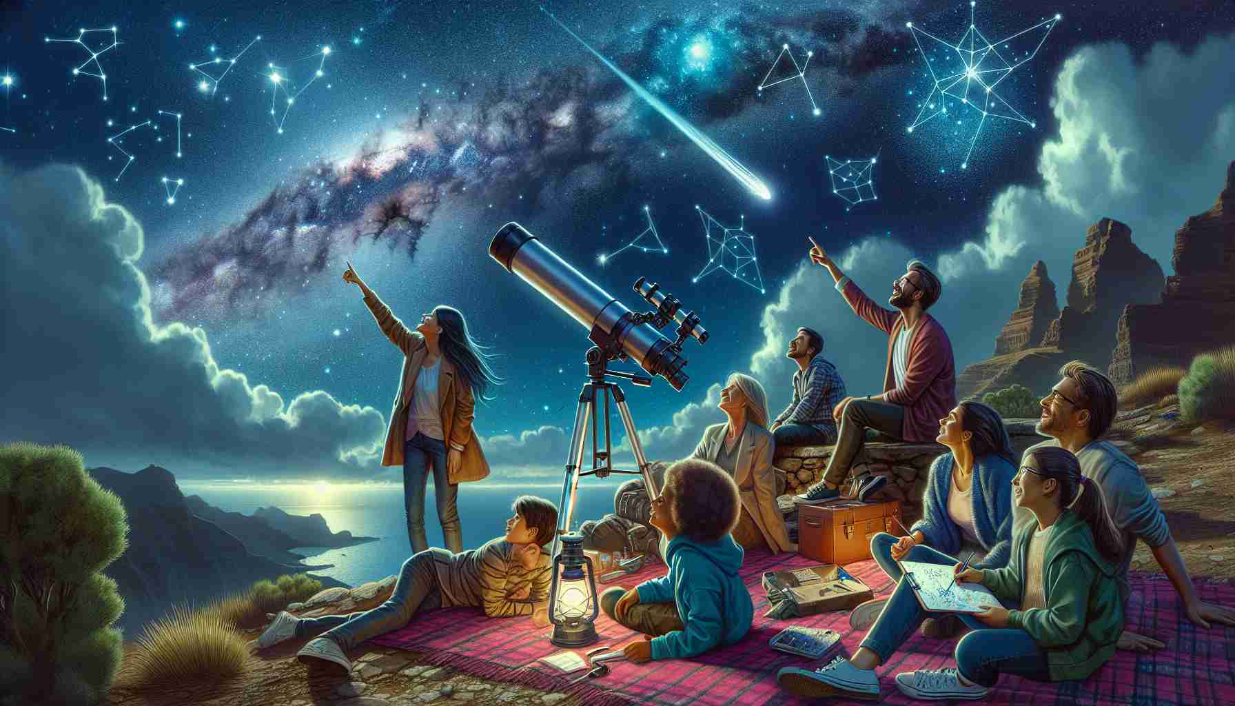 High-definition, realistic illustration of a group of stargazers on Gran Canaria. They are incredibly delighted by a stunning celestial show unfolding in the night sky. There are multiple individuals present: a South Asian woman is pointing towards a shooting star, a Middle-Eastern man is using a telescope to witness the spectacle, a Caucasian woman is lying on a blanket, staring at the sky in awe, and a Black child is drawing constellations on a notepad. The sky is dotted with countless stars, nebulas, and possibly even a galaxy or two.