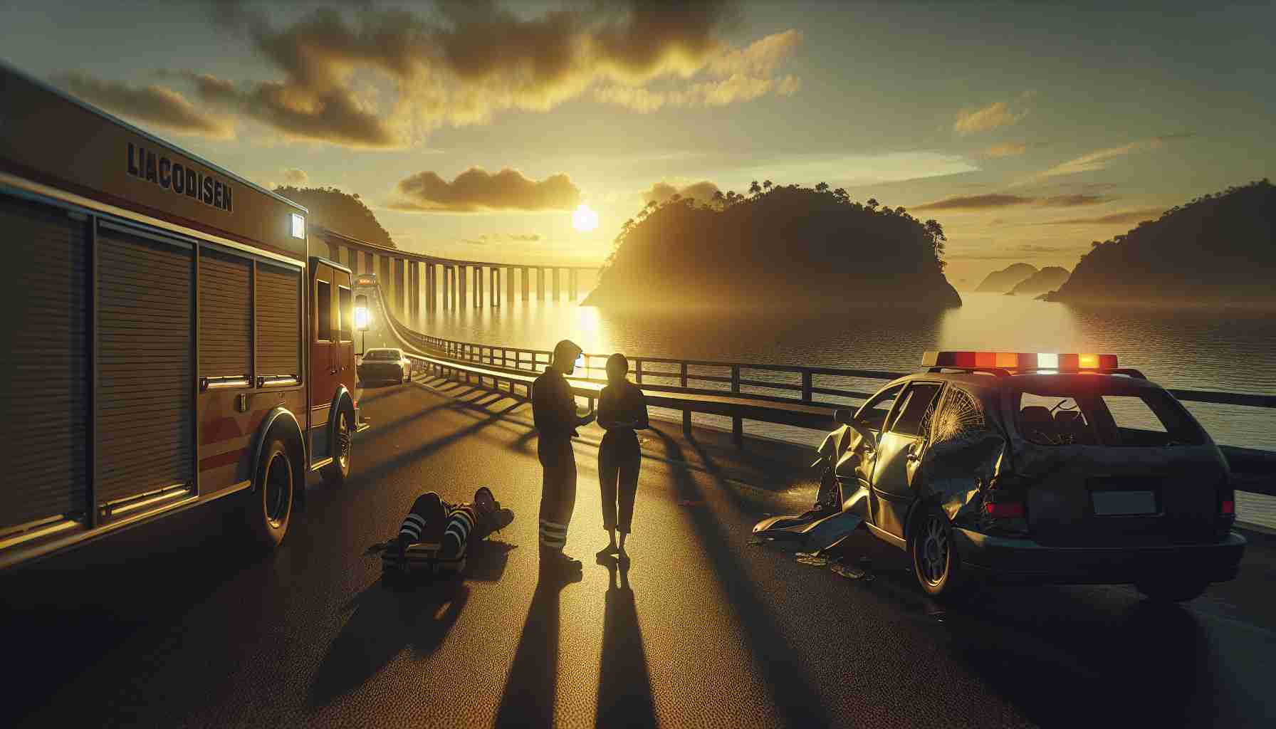 Create a detailed and high-definition image showcasing a somber scene of a tragic accident that has taken place on a highway stretching across a scenic island. The sun is low in the sky, casting long shadows and a golden glow on the scene, adding a melancholic contrast to the tragic event. There's a damaged vehicle with its blinkers flashing and emergency personnel - a Hispanic man and an Asian woman - are attending the scene with professional urgency. There's a feeling of despair and loss, but also a sense of duty and determination in their faces.