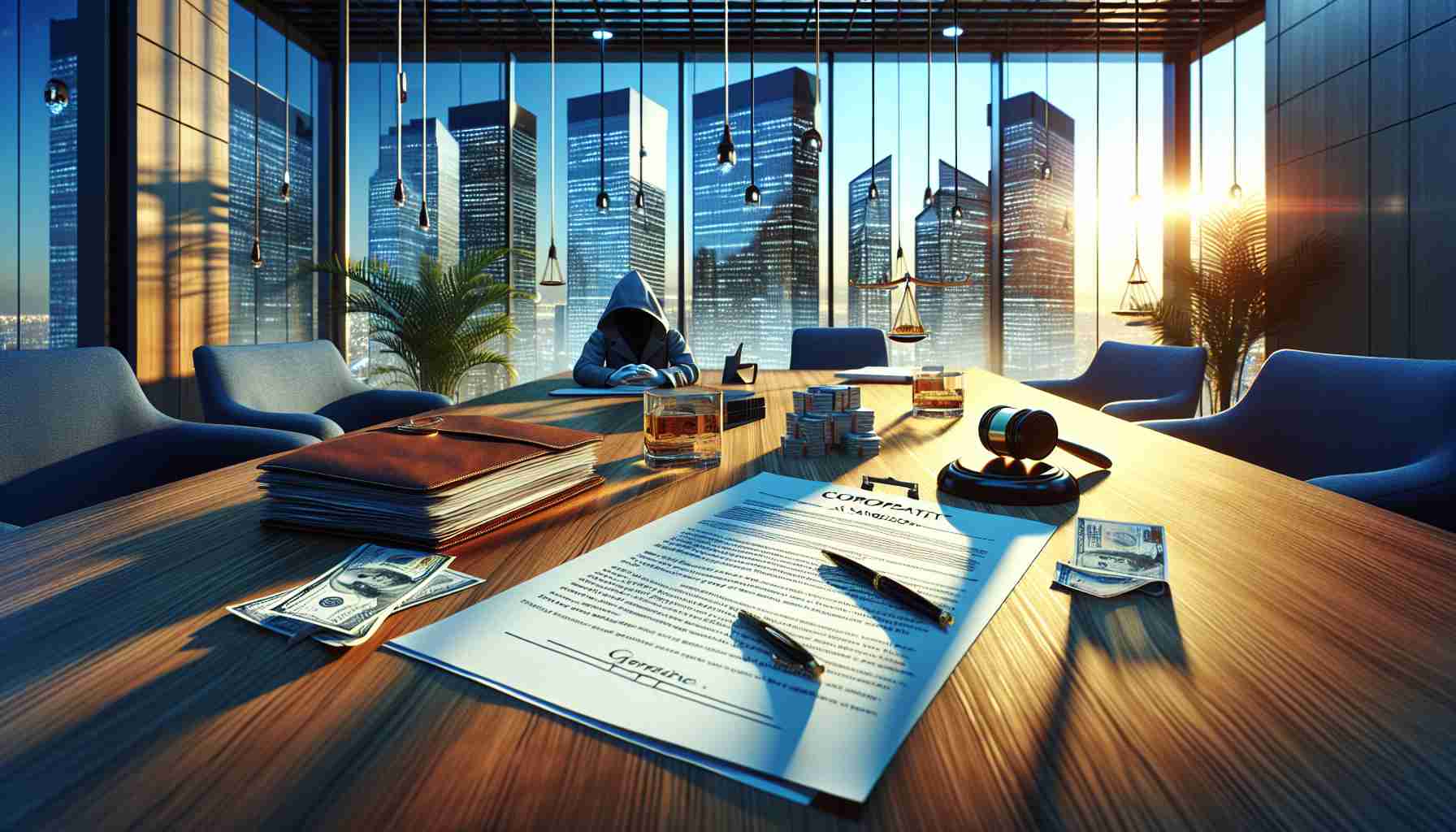 Generate a realistic HD photo representing the concept of corporate scandal. Consider a scene with a piece of damming evidence, such as a document highlighting monetary misappropriation, lying in the foreground. The background could evoke a corporate atmosphere with a luxurious office, glass skyscrapers, and city skyline. The overall tone should convey a sense of deceit and duplicity.