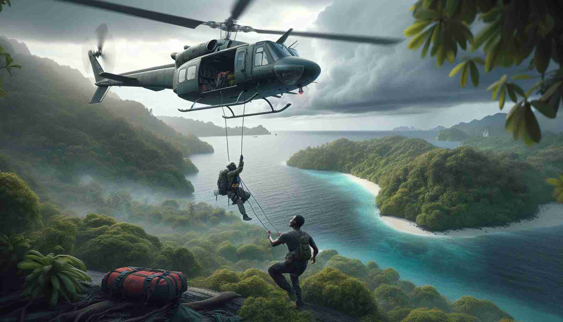 Create a highly detailed and realistic image in HD quality, depicting a helicopter rescue mission in progress. The scene unfolds on a remote, undeveloped island surrounded by expansive ocean. The helicopter is hovering above the dense, lush green foliage, its blades a blur of motion. A rescue worker, a Middle-Eastern female, is carefully being lowered on a rope harness towards the ground. Waiting to be rescued is a lost hiker, a Black male, who seems relieved and hopeful. He has a backpack and hiking gear, and his clothes are slightly worn due to his unexpected adventure. The sky is filled with mottled, gray storm clouds, indicating a previous or impending storm.