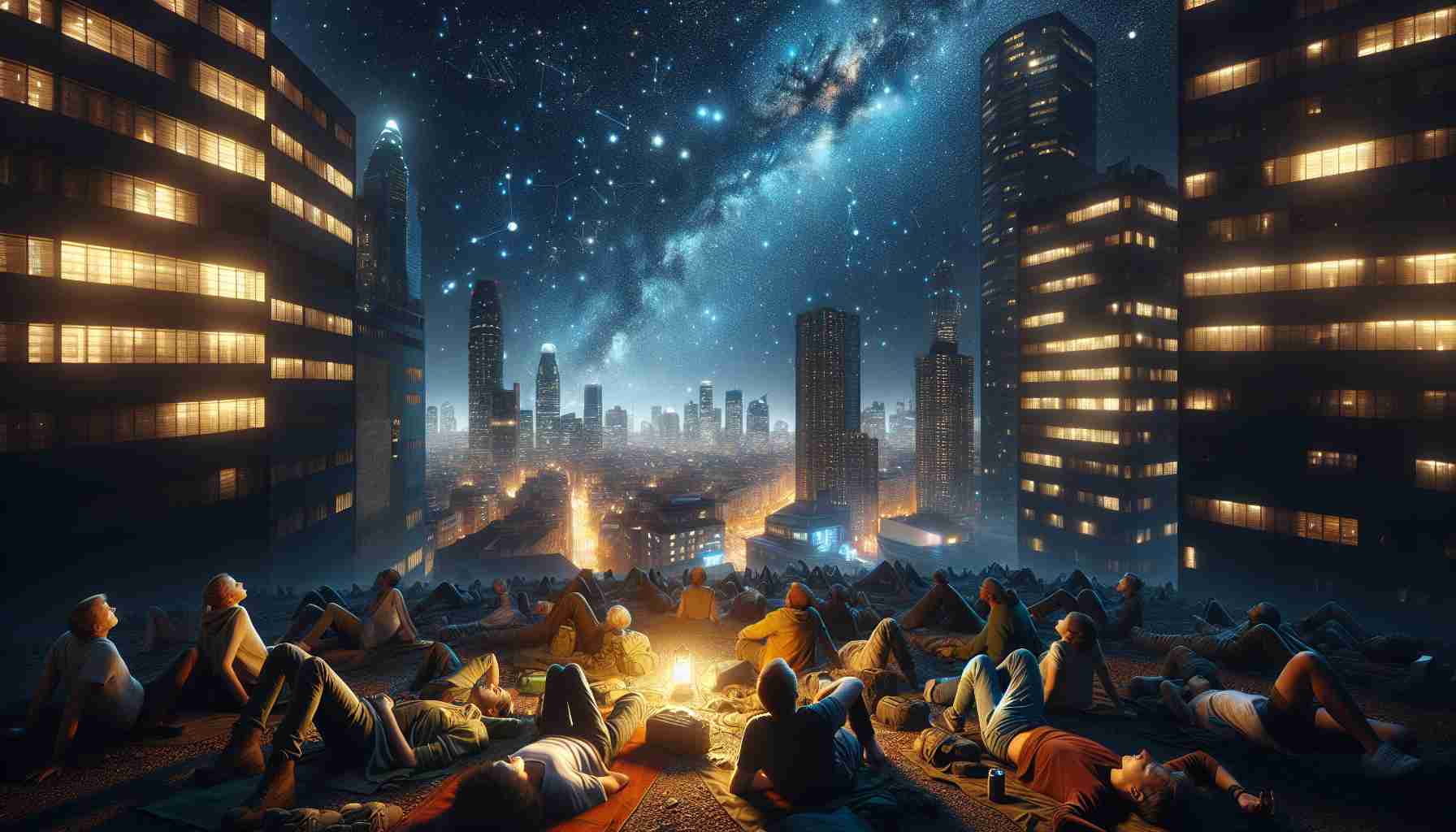 High definition, hyper-realistic image of an adventure taking place in a bustling city after sundown. People of varied descents including Caucasian, Black, Hispanic, South-Asian, Middle-Eastern, are lying on their backs, absorbed in the night sky. The ambient glow from the city lights drape the scene in an inviting warmth. Sky-high buildings surround them, their silhouettes stark against the astronomical spectacle overhead. Nestled among constellations and cosmic bodies, a faint trace of milky way is visible. The contrast of the urban sprawl against the timeless backdrop of stars creates a paradoxically serene atmosphere. The scene conveys exploration, wonder, and the joy of shared experiences.