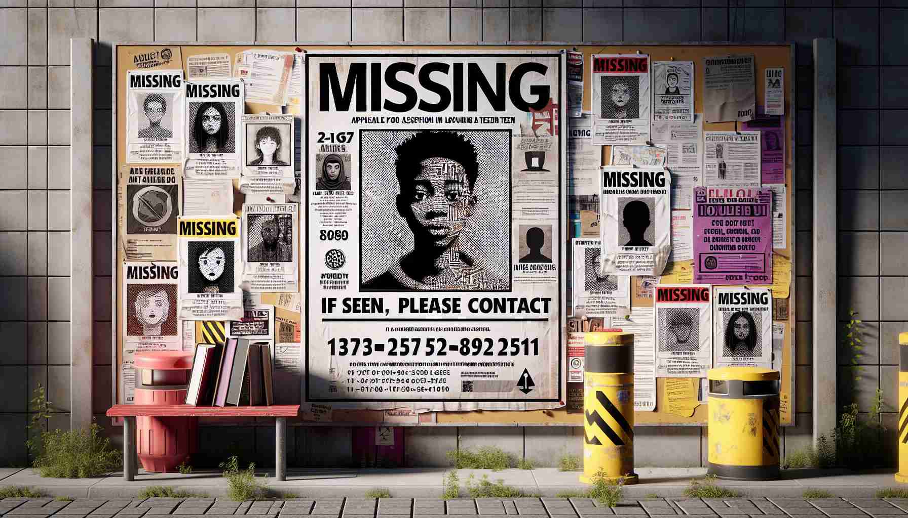 Generate a high-definition, realistic image representing an appeal for assistance in locating a missing teen. Create a scene depicting a community notice board in a public space. It should feature a large main poster with the headline 'MISSING' in bold, distressed letters. Just below the headline, include a stylized drawing of a youthful face, appearing to be a mix of various global descents, under which the words 'TEENAGER' are written. The poster should also include various 'IF SEEN, PLEASE CONTACT' details in smaller letters. Surrounding this central poster, add other smaller notices and elements that signify a busy community.