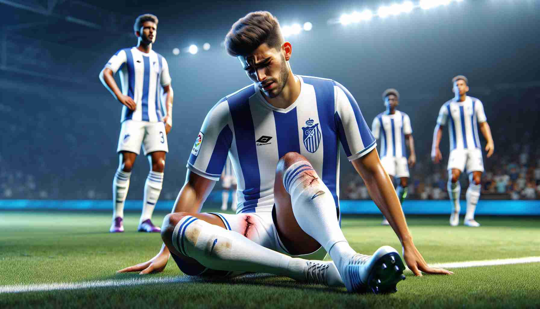 High definition realistic picture of an anonymous CD Tenerife defender, a Hispanic male, experiencing an injury during an intense soccer game. He wears the main kit of the team: a white and blue vertically striped shirt, white shorts and socks, accompanied by soccer boots. Pain evident on his face, the athlete can be seen on the grass field under a bright stadium light while his teammates and opponents in their respective team colors show concern around him.