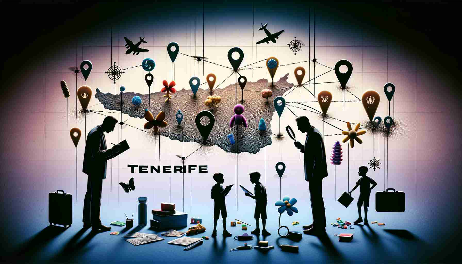 A realistic, high definition illustration depicting an animated, symbolic conceptualization of an investigation unveiling an alleged corruption network exploiting minors in Tenerife. It features silhouettes of detectives examining a vast array of interconnected dots and lines on a map of the Canary Island of Tenerife. Elements such as minors' toys or school supplies may be subtly included to represent the exploited individuals, but should be done so in a sensitive, non-exploitative manner. The color scheme should evoke a serious and somber mood, and avoid any stereotypical or offensive depictions.